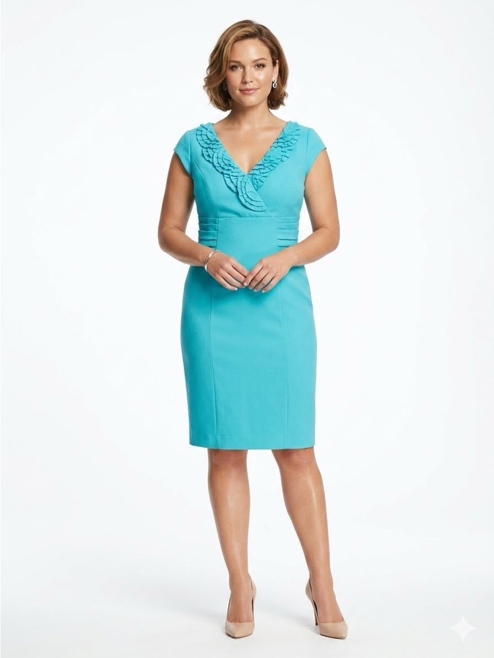 Kay Unger Turquoise V‑Neck Ruffle Cap Sleeve Sheath Dress Size 6